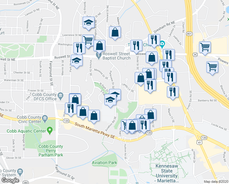 map of restaurants, bars, coffee shops, grocery stores, and more near 229 Parkview Drive Southeast in Marietta