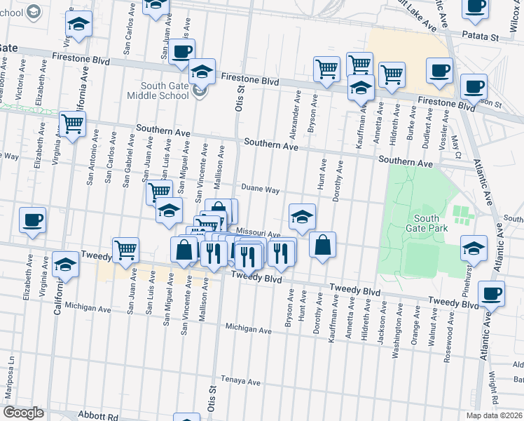 map of restaurants, bars, coffee shops, grocery stores, and more near 9549 Bowman Avenue in South Gate