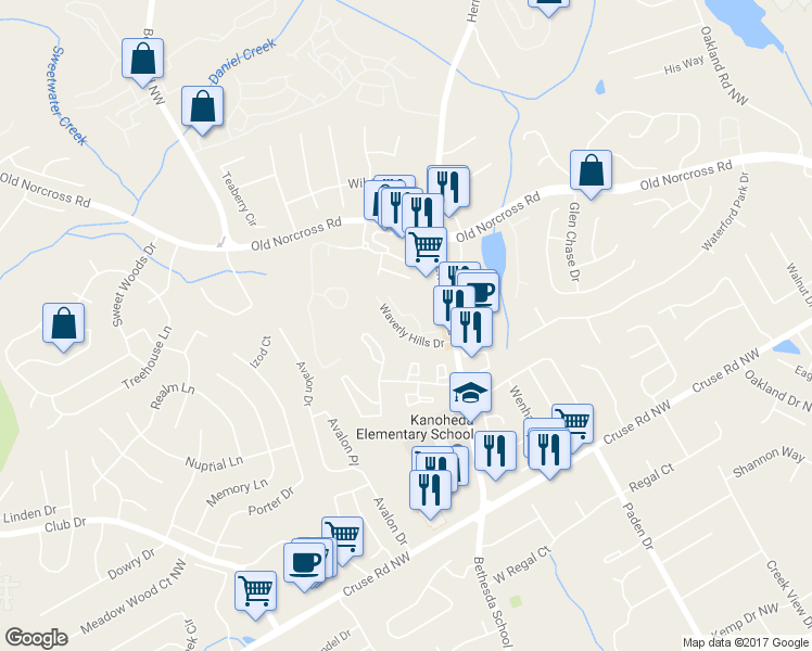 map of restaurants, bars, coffee shops, grocery stores, and more near 2673 Waverly Hills Drive in Lawrenceville