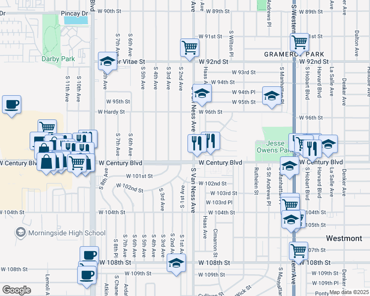 map of restaurants, bars, coffee shops, grocery stores, and more near 9800 South 2nd Avenue in Inglewood