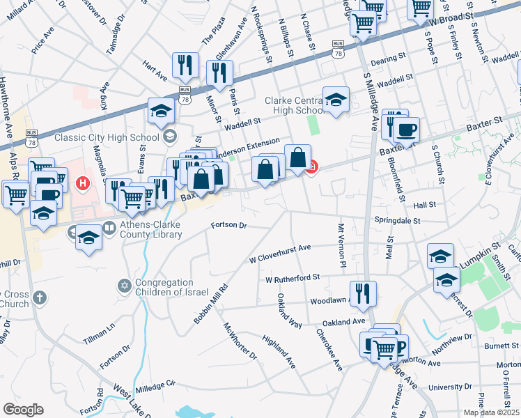 map of restaurants, bars, coffee shops, grocery stores, and more near 1055 Baxter Street in Athens