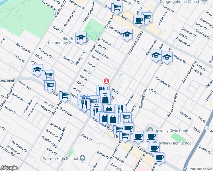 map of restaurants, bars, coffee shops, grocery stores, and more near 10805 Paramount Boulevard in Downey