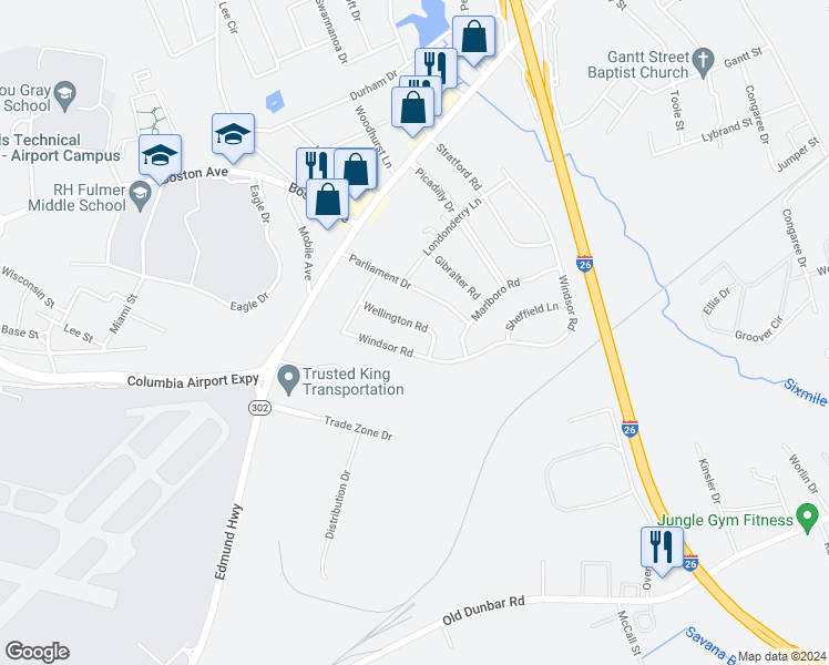 map of restaurants, bars, coffee shops, grocery stores, and more near 2020 Wellington Road in Cayce