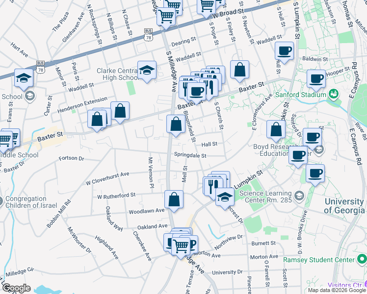 map of restaurants, bars, coffee shops, grocery stores, and more near 140 Springdale Street in Athens