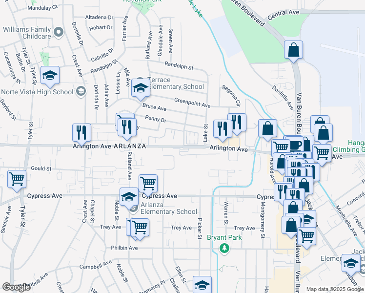 map of restaurants, bars, coffee shops, grocery stores, and more near 8505 Arlington Avenue in Riverside