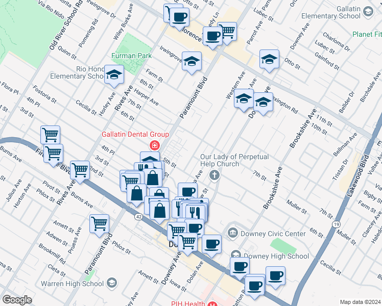 map of restaurants, bars, coffee shops, grocery stores, and more near 10645 Western Avenue in Downey