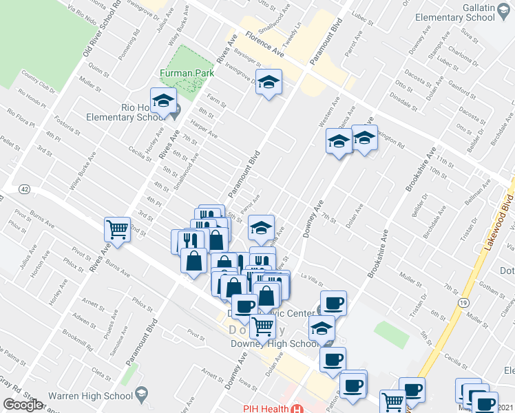 map of restaurants, bars, coffee shops, grocery stores, and more near 10645 Western Avenue in Downey