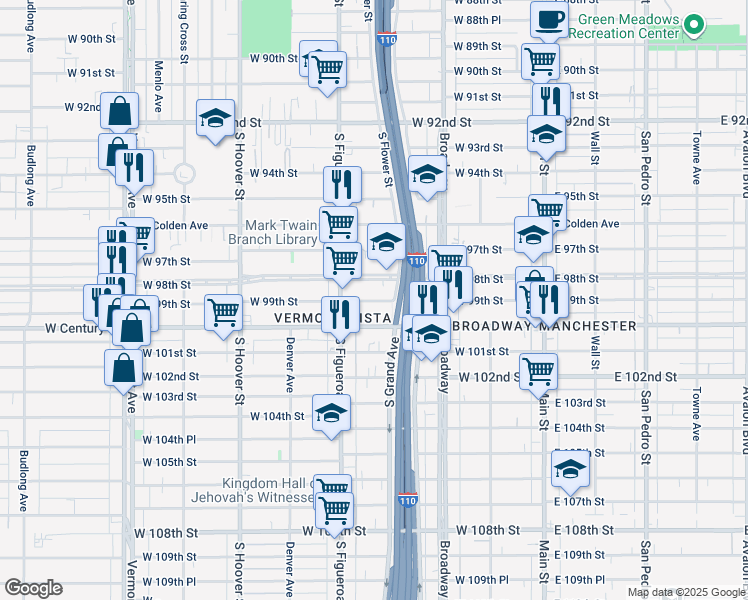 map of restaurants, bars, coffee shops, grocery stores, and more near 419 West 99th Street in Los Angeles