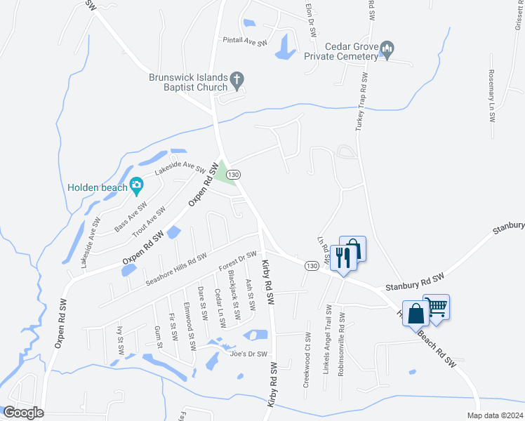 map of restaurants, bars, coffee shops, grocery stores, and more near 1860 Holden Beach Road in Brunswick County