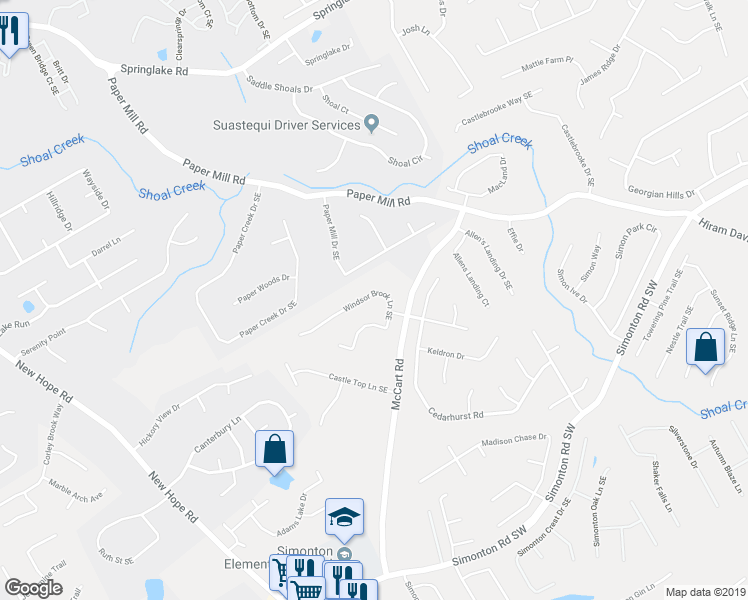 map of restaurants, bars, coffee shops, grocery stores, and more near 425 Windsor Brook Lane Southeast in Lawrenceville
