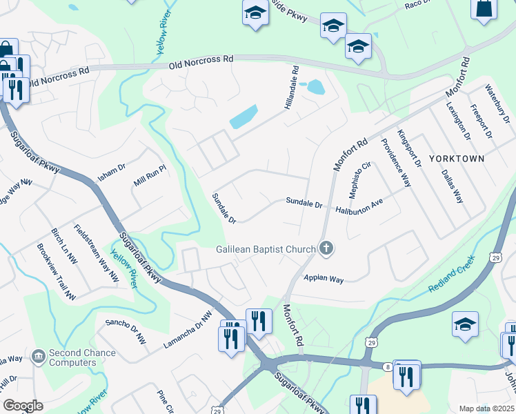 map of restaurants, bars, coffee shops, grocery stores, and more near 1461 Sundale Drive in Lawrenceville