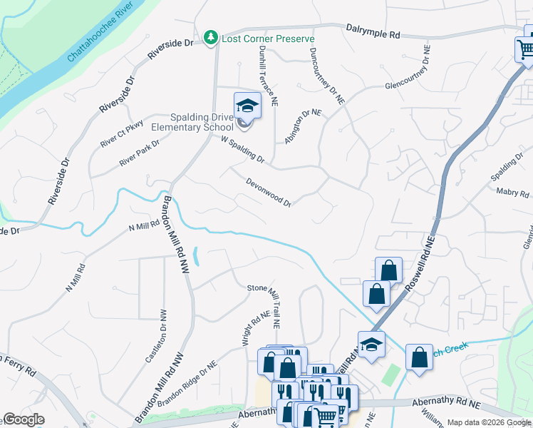 map of restaurants, bars, coffee shops, grocery stores, and more near 200 Seville Chase in Atlanta