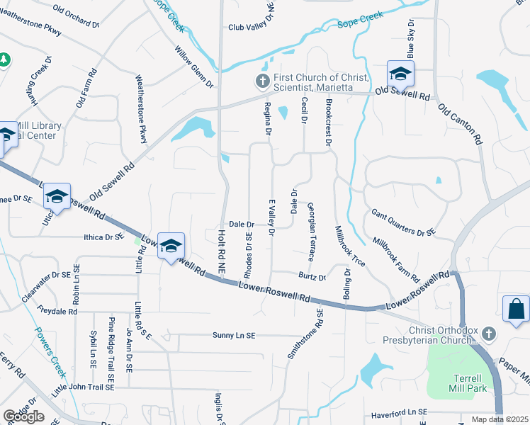 map of restaurants, bars, coffee shops, grocery stores, and more near 280 East Valley Drive in Marietta