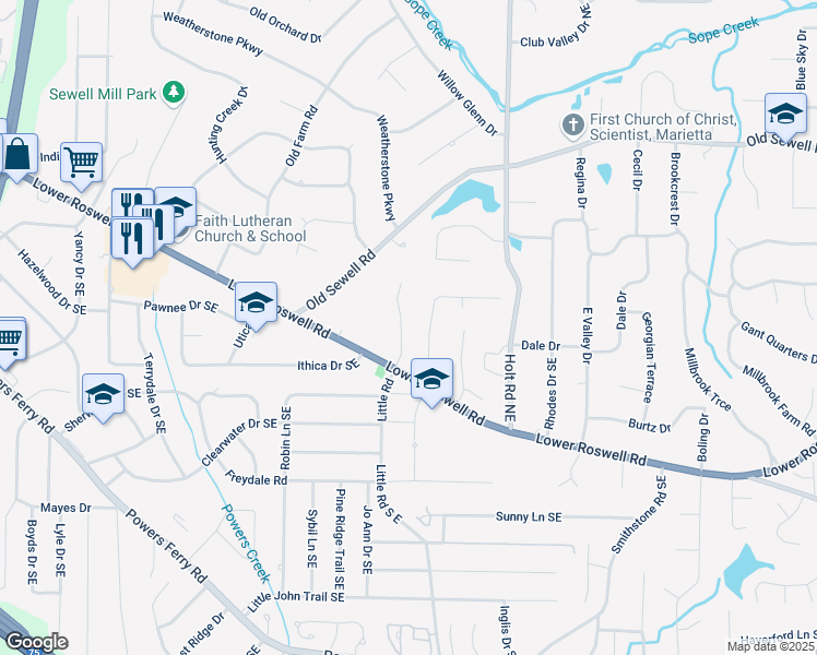 map of restaurants, bars, coffee shops, grocery stores, and more near 222 Lucky Drive in Marietta