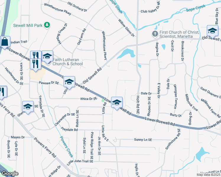 map of restaurants, bars, coffee shops, grocery stores, and more near 222 Lucky Drive in Marietta