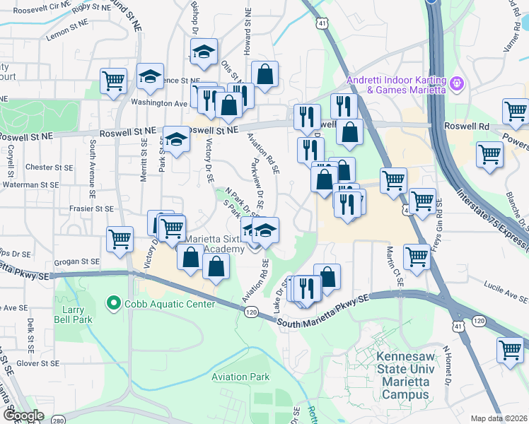 map of restaurants, bars, coffee shops, grocery stores, and more near 229 Parkview Drive Southeast in Marietta