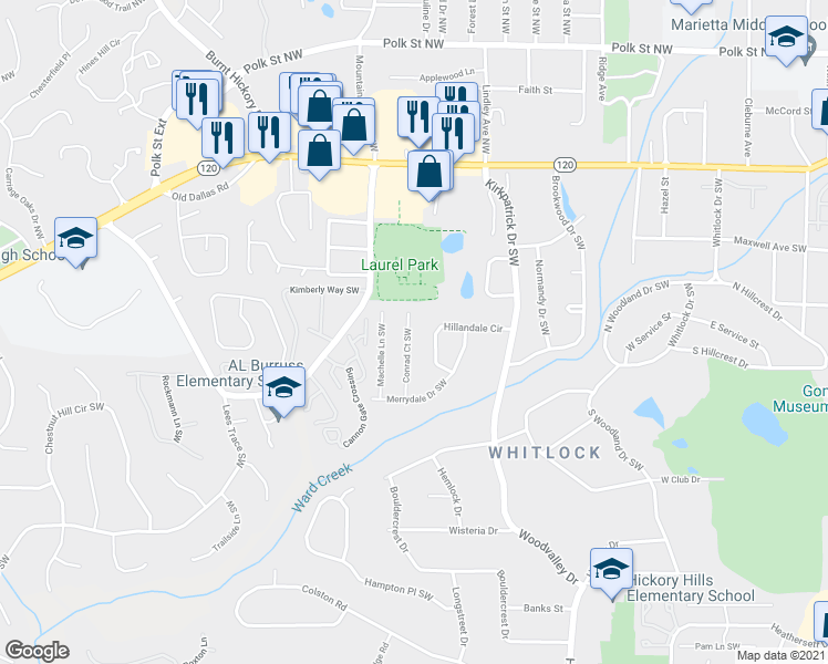 map of restaurants, bars, coffee shops, grocery stores, and more near 236 Conrad Court Southwest in Marietta