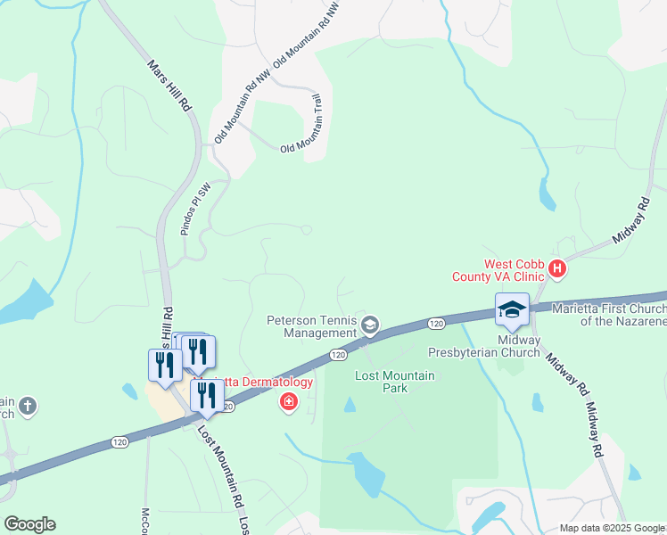 map of restaurants, bars, coffee shops, grocery stores, and more near 410 Ward Farm Drive in Powder Springs