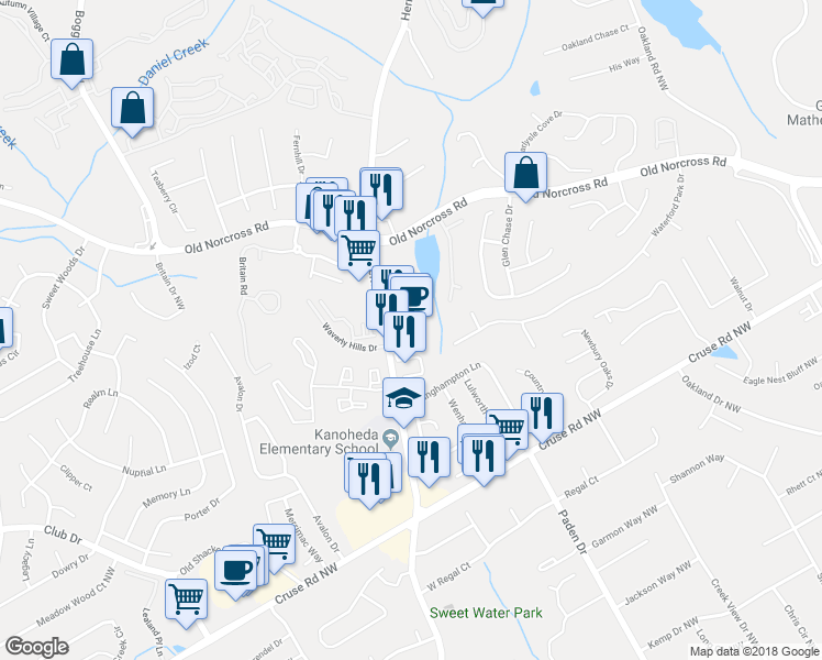 map of restaurants, bars, coffee shops, grocery stores, and more near 1098 Herrington Rd NW in Lawrenceville