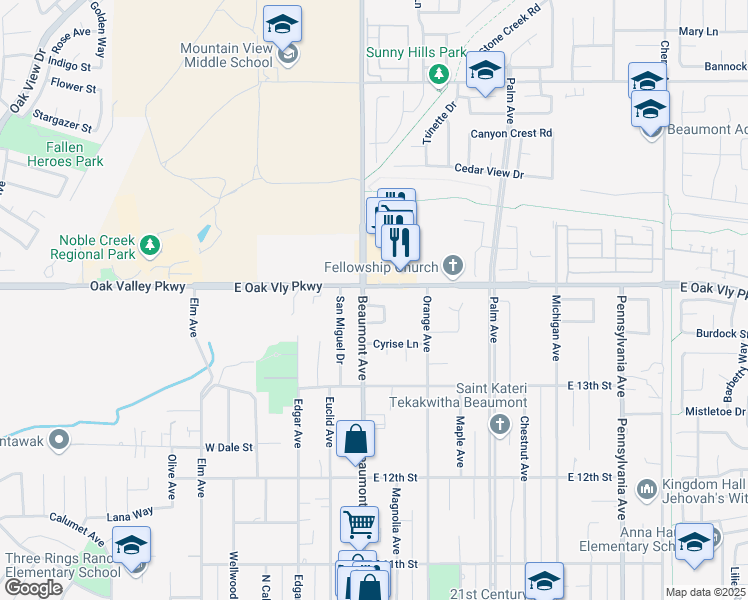 map of restaurants, bars, coffee shops, grocery stores, and more near 494 Laraine Drive in Beaumont