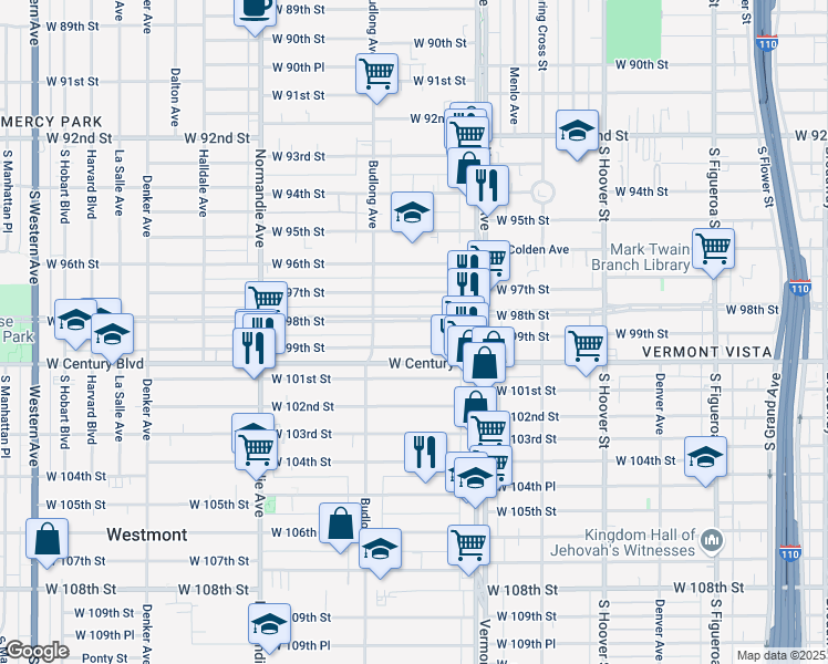 map of restaurants, bars, coffee shops, grocery stores, and more near 1110 West 98th Street in Los Angeles