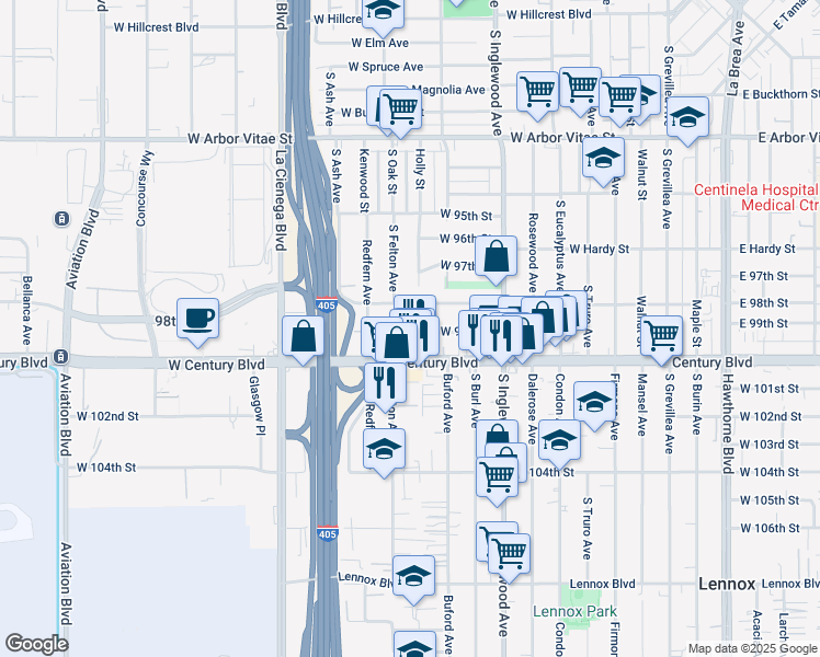 map of restaurants, bars, coffee shops, grocery stores, and more near 4939 West 99th Street in Inglewood