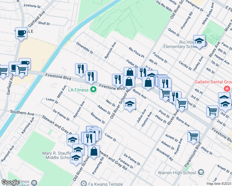 map of restaurants, bars, coffee shops, grocery stores, and more near 7320 Firestone Boulevard in Downey