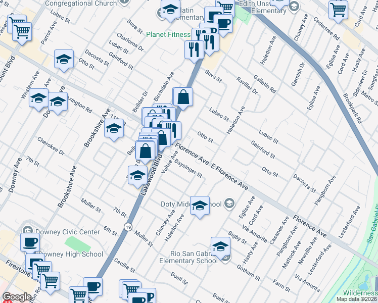 map of restaurants, bars, coffee shops, grocery stores, and more near 10216 Vultee Avenue in Downey