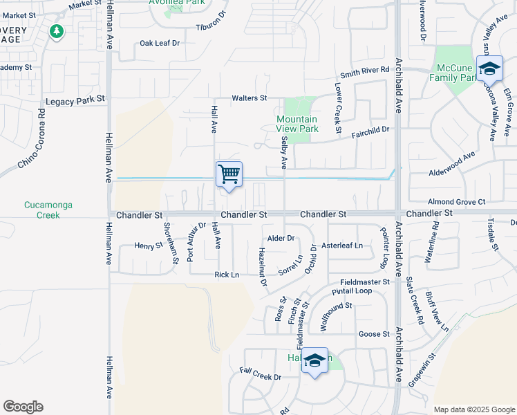 map of restaurants, bars, coffee shops, grocery stores, and more near 14555 Chandler Street in Corona