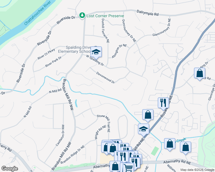 map of restaurants, bars, coffee shops, grocery stores, and more near 200 Seville Chase in Atlanta