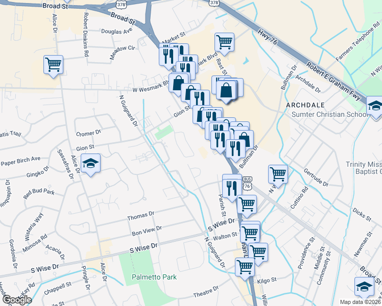 map of restaurants, bars, coffee shops, grocery stores, and more near 901 Jessamine Trail in Sumter