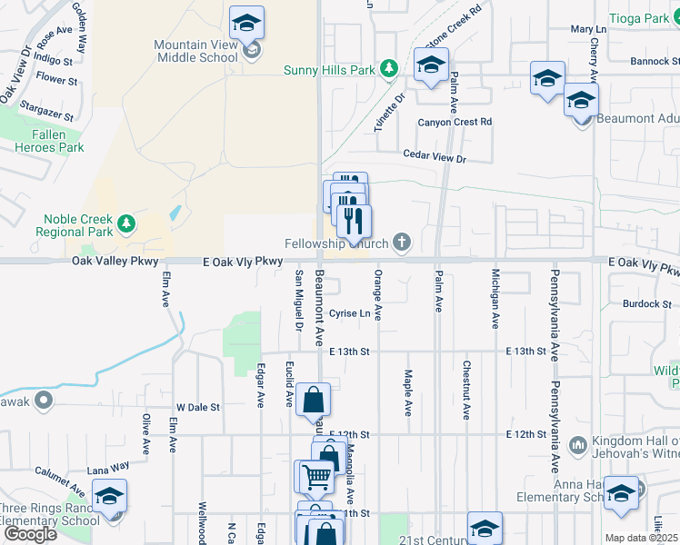 map of restaurants, bars, coffee shops, grocery stores, and more near 490 Laraine Drive in Beaumont