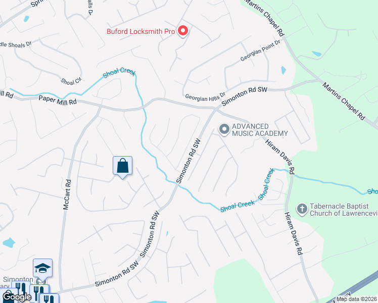 map of restaurants, bars, coffee shops, grocery stores, and more near 681 Simon Park Circle in Lawrenceville