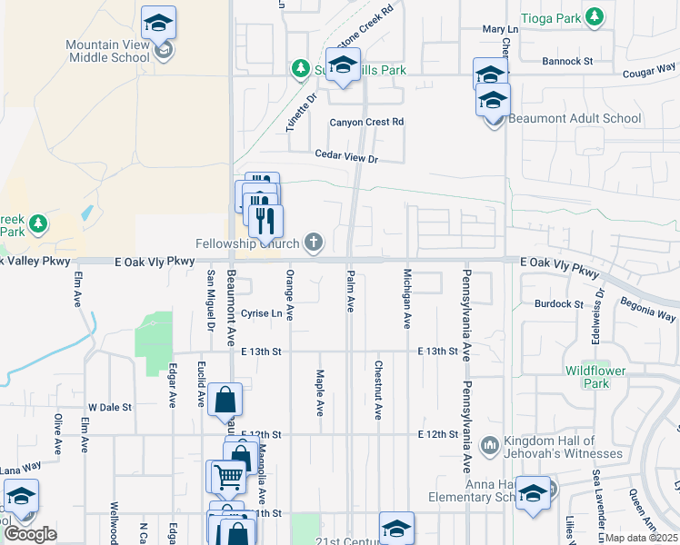 map of restaurants, bars, coffee shops, grocery stores, and more near 1385 Palm Avenue in Beaumont