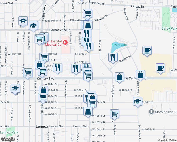 map of restaurants, bars, coffee shops, grocery stores, and more near 1225 South Prairie Avenue in Inglewood