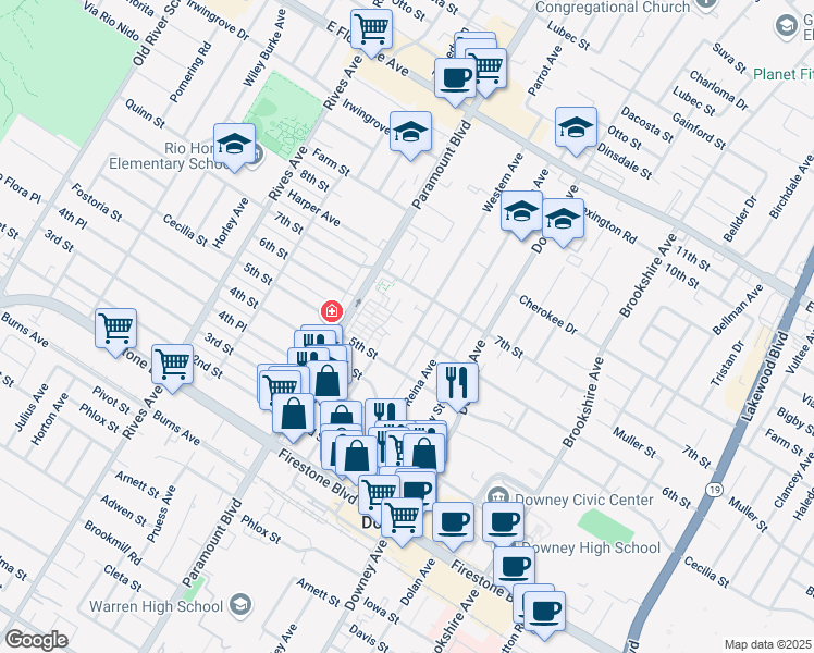 map of restaurants, bars, coffee shops, grocery stores, and more near 10645 Western Avenue in Downey