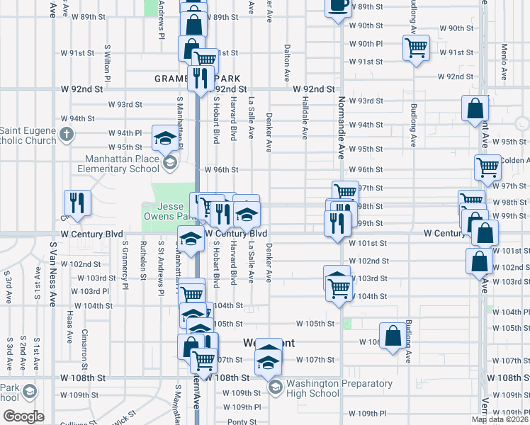 map of restaurants, bars, coffee shops, grocery stores, and more near 9807 South Denker Avenue in Los Angeles
