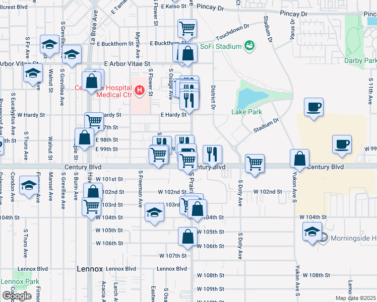map of restaurants, bars, coffee shops, grocery stores, and more near 1225 South Prairie Avenue in Inglewood