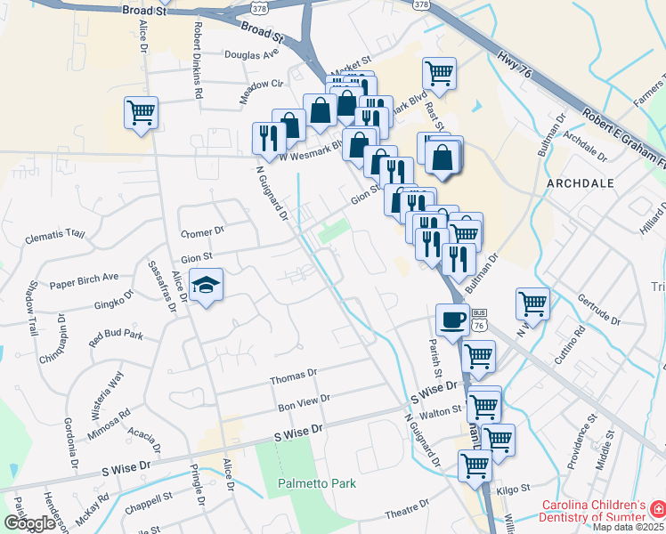 map of restaurants, bars, coffee shops, grocery stores, and more near 20 Althea Circle in Sumter