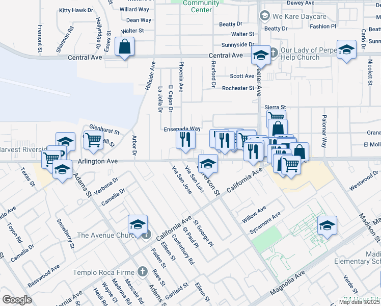 map of restaurants, bars, coffee shops, grocery stores, and more near 5573 Arlington Avenue in Riverside