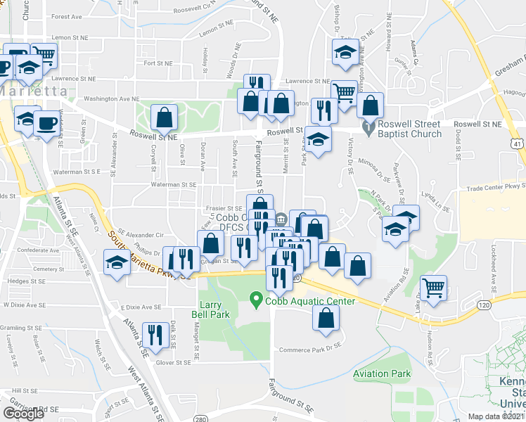 map of restaurants, bars, coffee shops, grocery stores, and more near 600 Frasier Street Southeast in Marietta