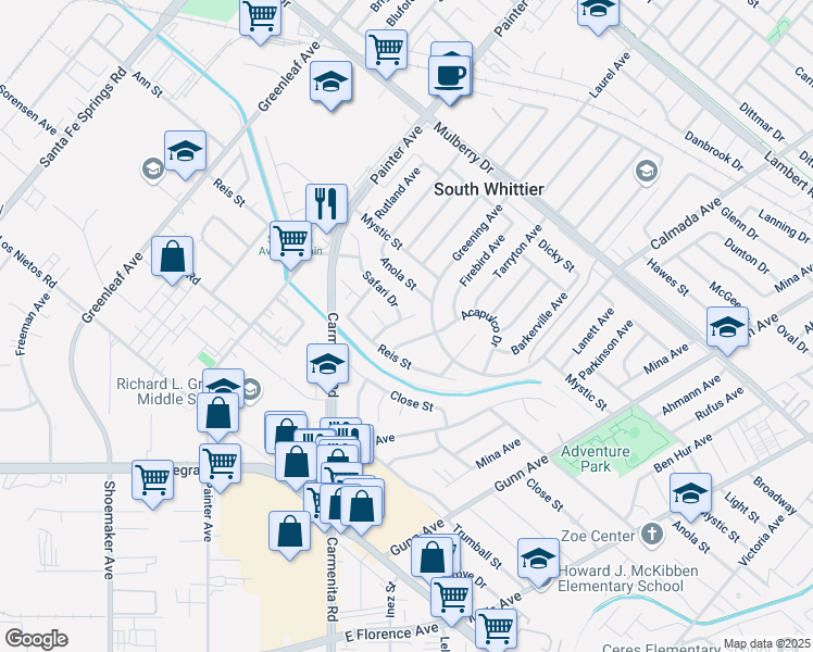 map of restaurants, bars, coffee shops, grocery stores, and more near 9832 Hawkstone Avenue in Whittier
