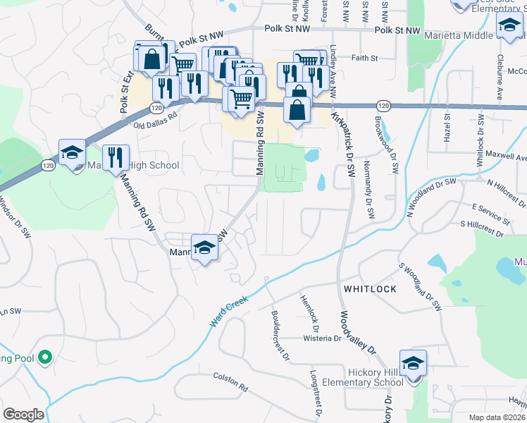 map of restaurants, bars, coffee shops, grocery stores, and more near 237 Machelle Lane Southwest in Marietta