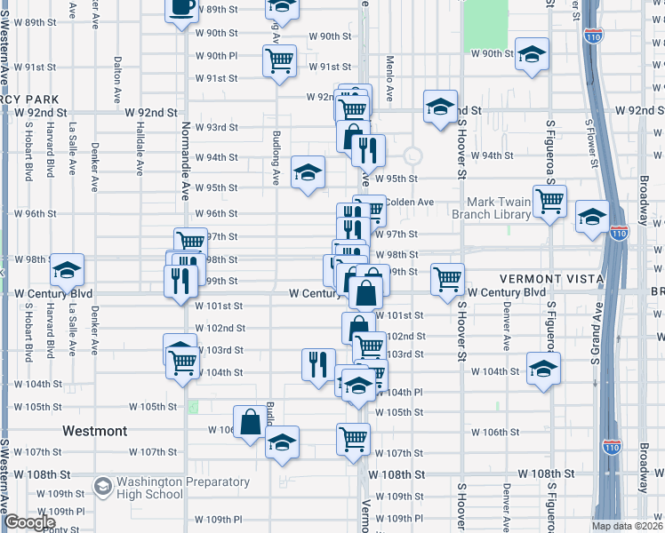 map of restaurants, bars, coffee shops, grocery stores, and more near 1036 West 98th Street in Los Angeles