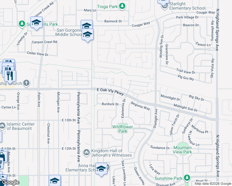 map of restaurants, bars, coffee shops, grocery stores, and more near 1396 Grapeseed Lane in Beaumont