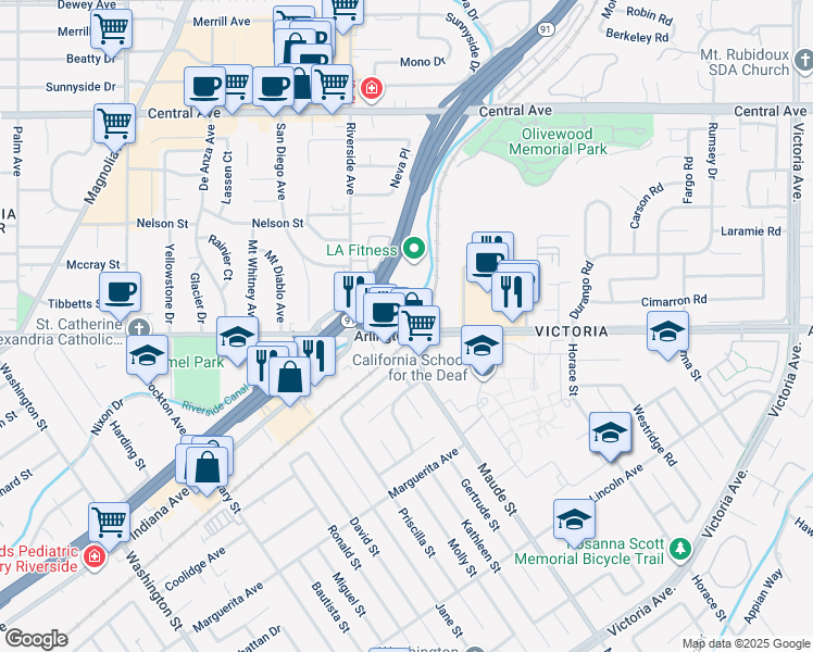 map of restaurants, bars, coffee shops, grocery stores, and more near 3409 Arlington Avenue in Riverside