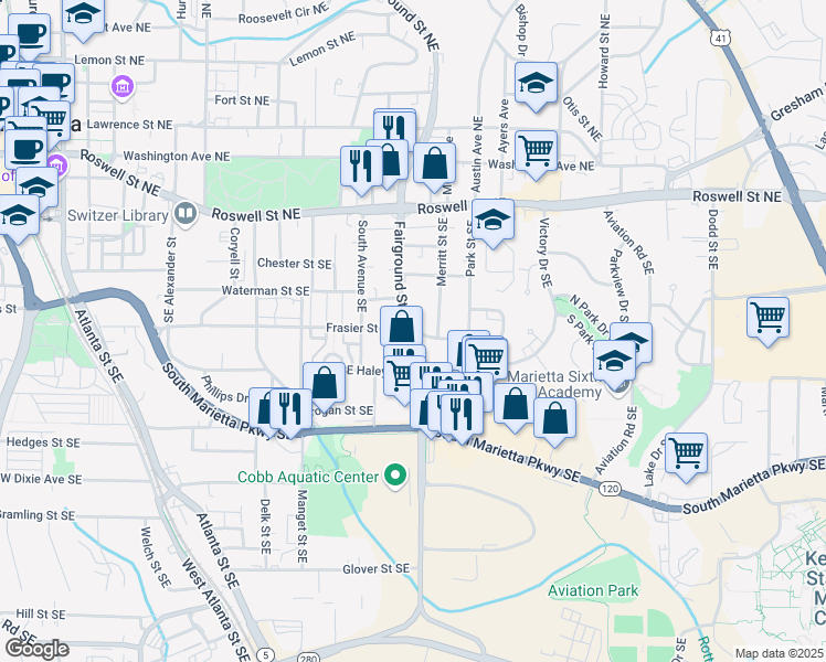 map of restaurants, bars, coffee shops, grocery stores, and more near 591 Frasier Street Southeast in Marietta