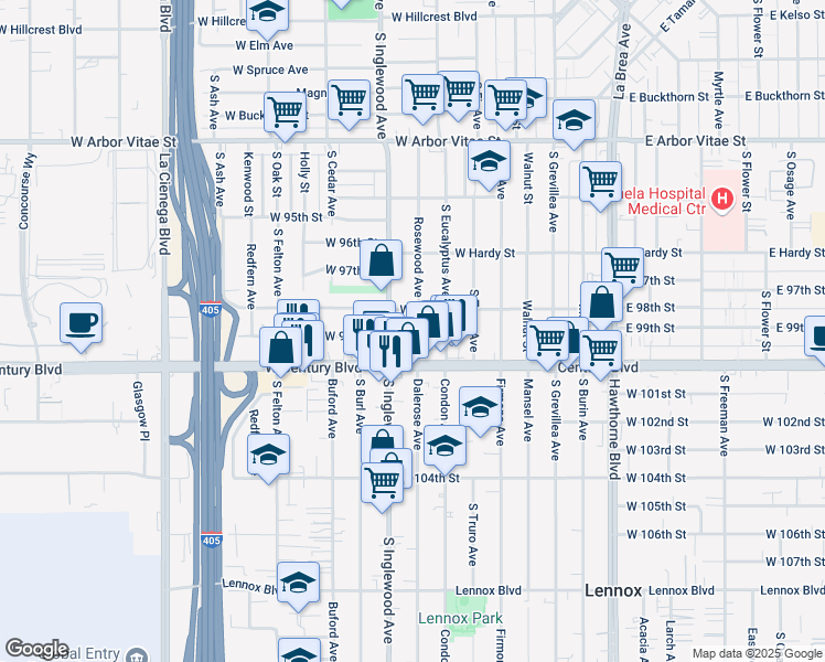 map of restaurants, bars, coffee shops, grocery stores, and more near 1221 Rosewood Avenue in Inglewood