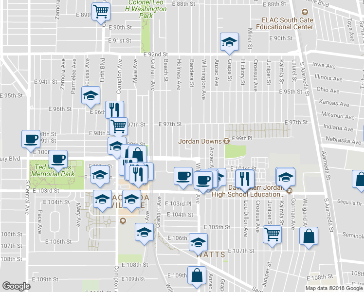 map of restaurants, bars, coffee shops, grocery stores, and more near 9902 Holmes Avenue in Los Angeles