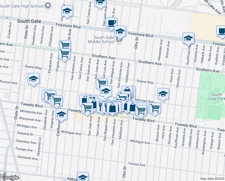 map of restaurants, bars, coffee shops, grocery stores, and more near 9616 San Miguel Avenue in South Gate